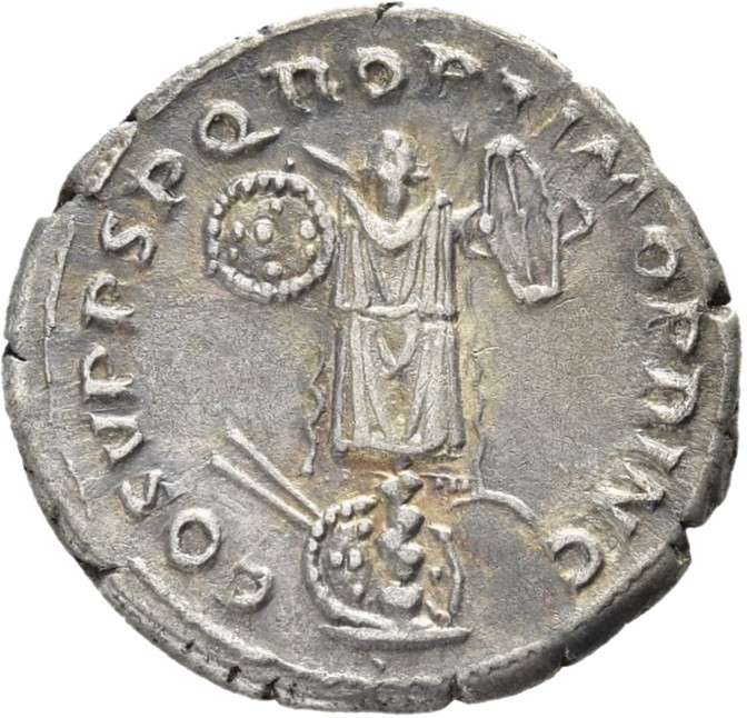 RIC II Trajan 147 Trajan reverse, Trophy of four shields, two swords, and two javelins