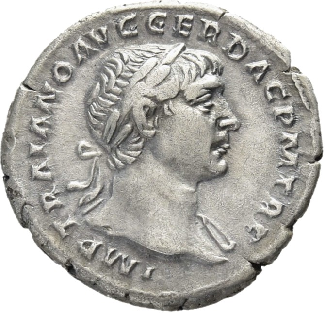 RIC II Trajan 147 Trajan obverse, Bust of Trajan, laureate, draped, right