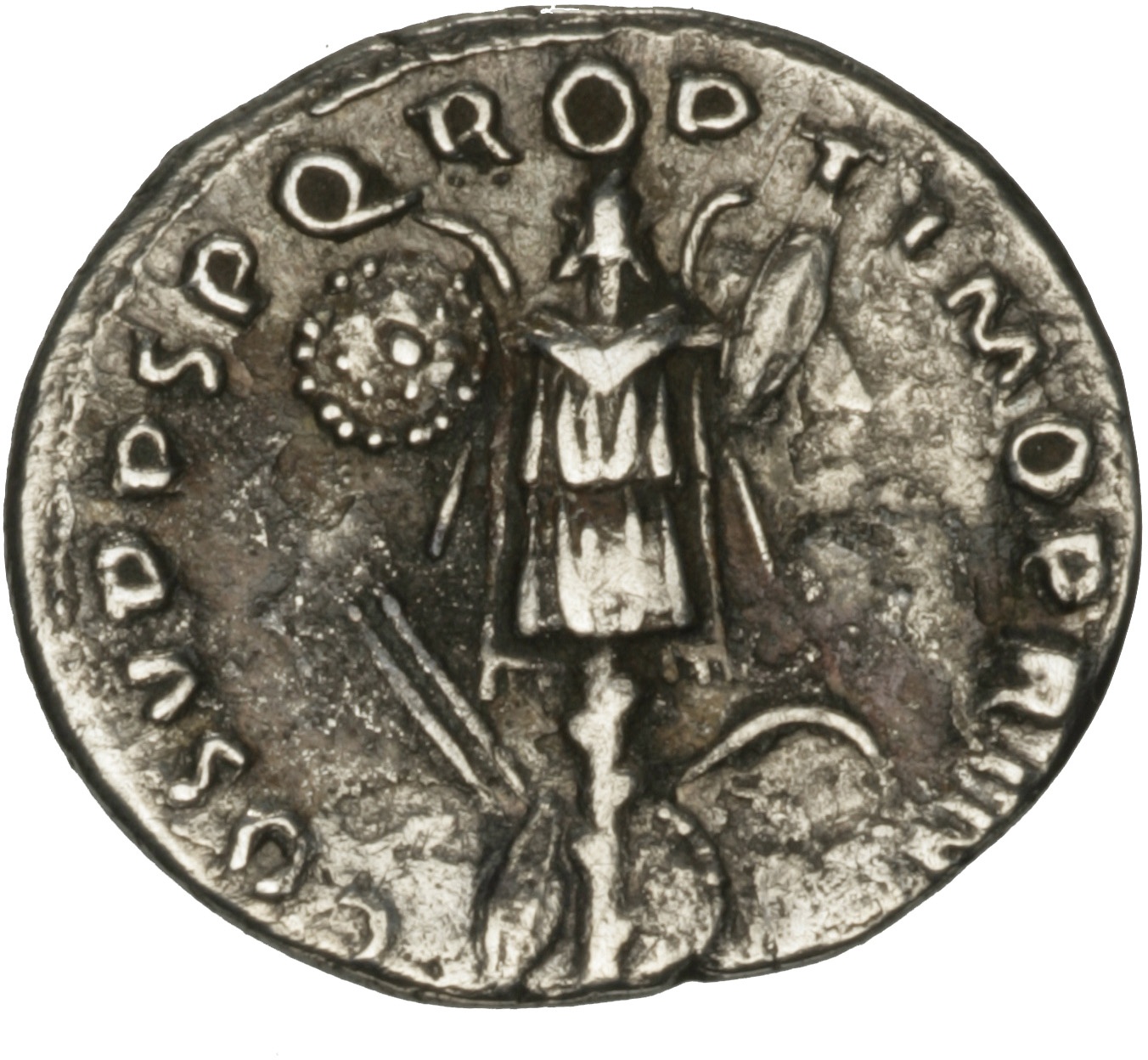 RIC II Trajan 147B Trajan reverse, Trophy of five shields, sword, and two javelins