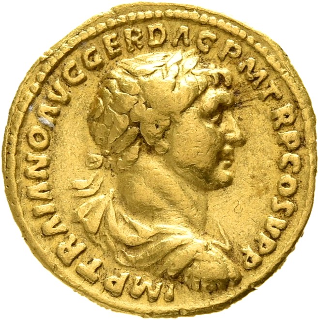 RIC II Trajan 149 Trajan obverse, Bust of Trajan, laureate, draped, right