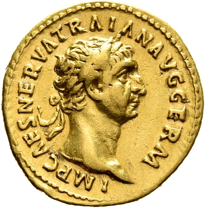 RIC II Trajan 15 Trajan obverse, Head of Trajan, laureate, right