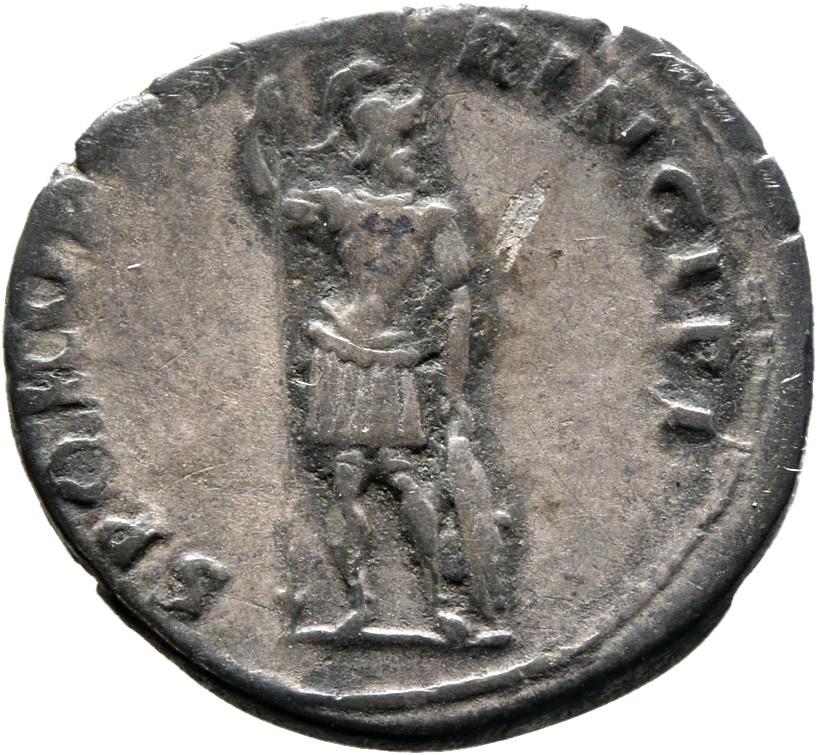 RIC II Trajan 163 Trajan reverse, Mars, helmeted, in military dress, standing front, head right, holding vertical spear in...