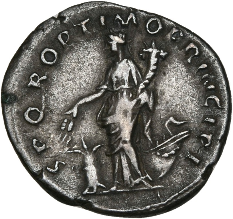 RIC II Trajan 165 (denarius) Trajan reverse, Abundantia, draped, standing left, holding corn-ears downwards in right hand ...