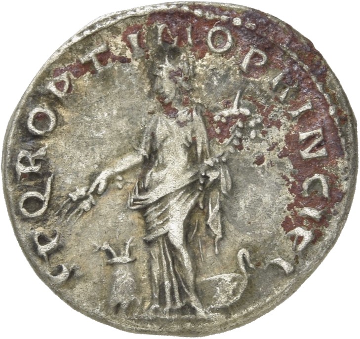 RIC II Trajan 166 Trajan reverse, Abundantia, draped, standing left, holding corn-ears downwards in right hand over modius...