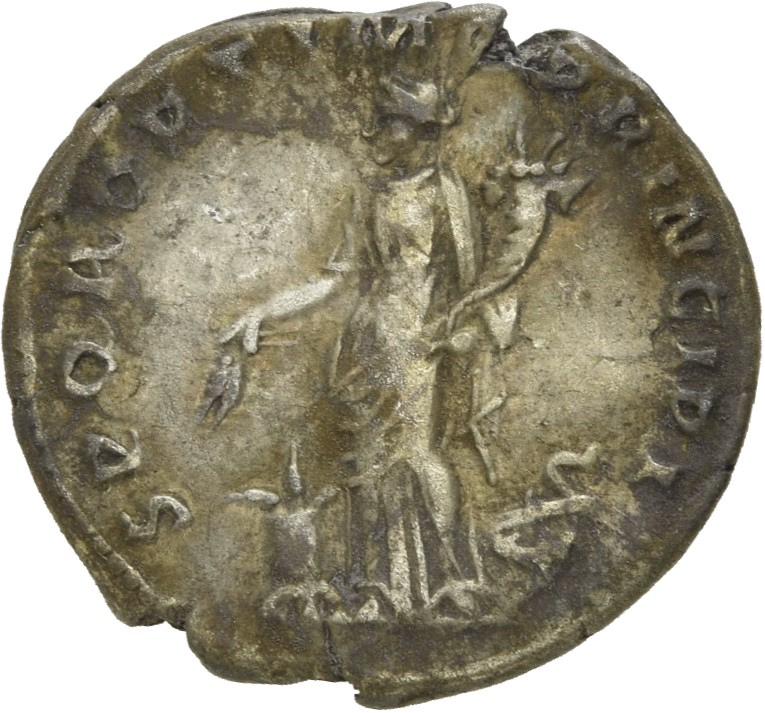 RIC II Trajan 166 Trajan reverse, Abundantia, draped, standing left, holding corn-ears downwards in right hand over modius...