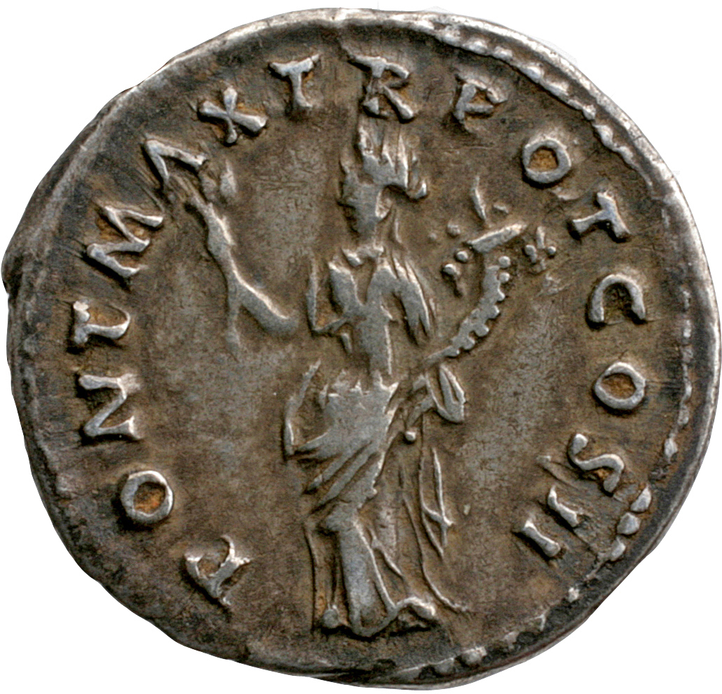 Trajan reverse — Pax, draped, wearing wreath, standing left, holding branch (sometimes Victory) up in right hand and cornucopiae in left