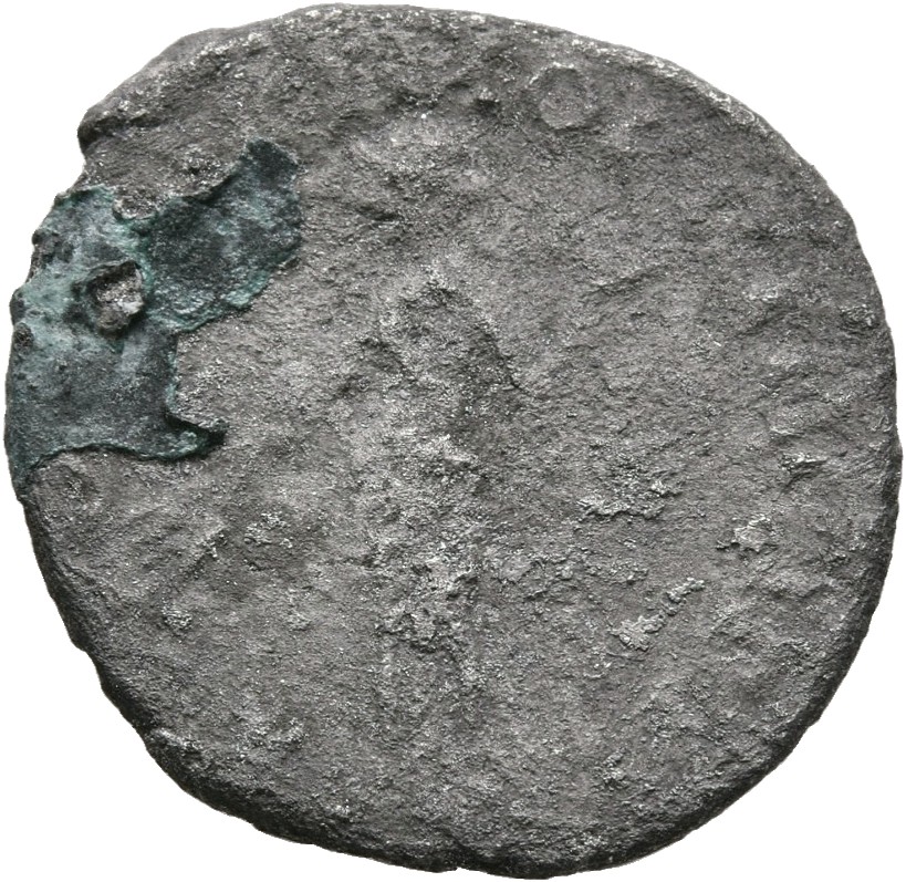 Trajan reverse — Fides, draped, standing left, holding corn-ears downwards in right hand and basket of fruits raised up on left