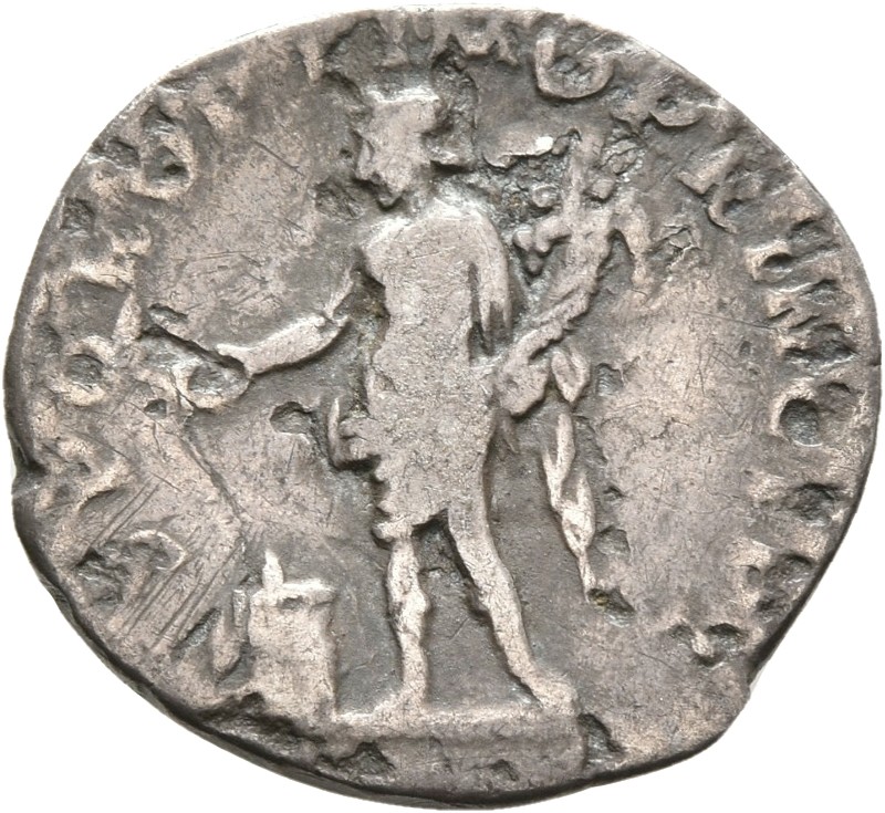 RIC II Trajan 183 Trajan reverse, Genius, naked, except for cloak round waist, standing left, sacrificing with patera in r...