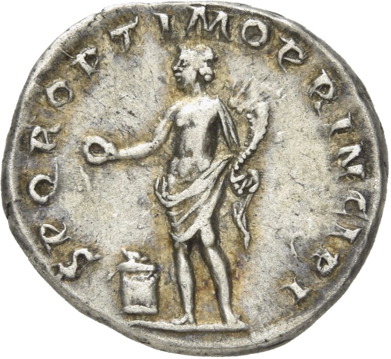 RIC II Trajan 184 Trajan reverse, Genius, naked, except for cloak round waist, standing left, sacrificing with patera in r...