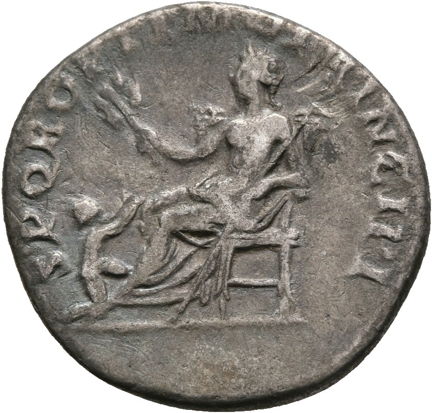 RIC II Trajan 187 Trajan reverse, Pax, naked to waist, seated left on throne, holding branch in right hand and transverse ...