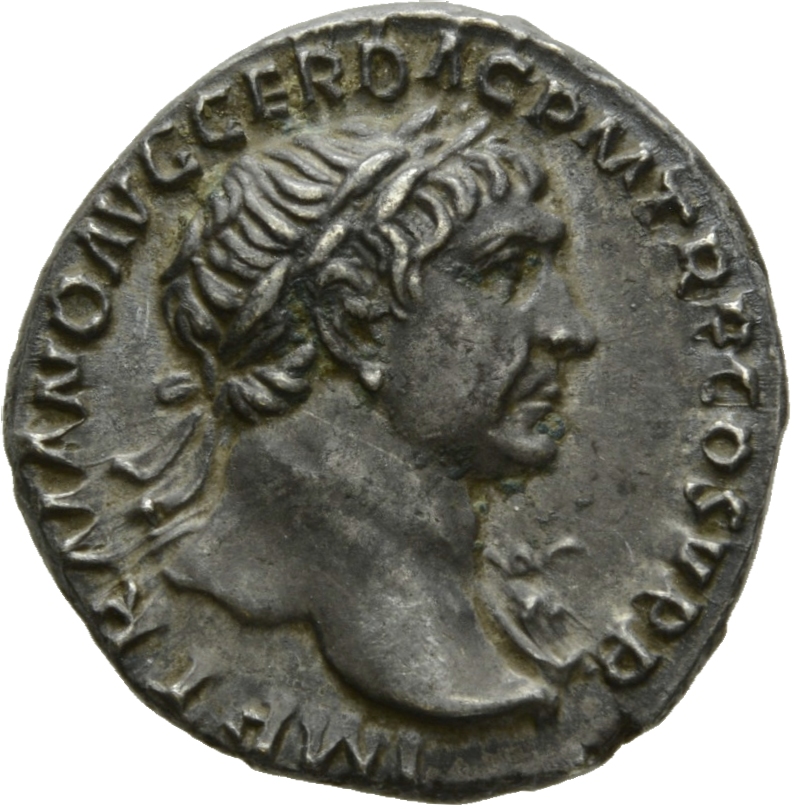 Trajan obverse — Bust of Trajan, laureate, right with aegis