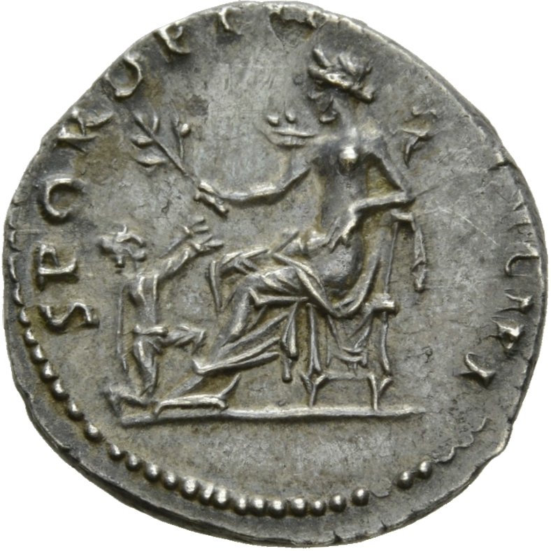 Trajan reverse — Pax, naked to waist, seated left on throne, holding branch in right hand and transverse sceptre in left: in front of her kneels a Dacian