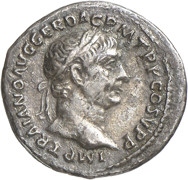 RIC II Trajan 190 Trajan obverse, Bust of Trajan, laureate, left