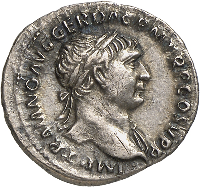 RIC II Trajan 191 Trajan obverse, Bust of Trajan, laureate, draped on left shoulder, right