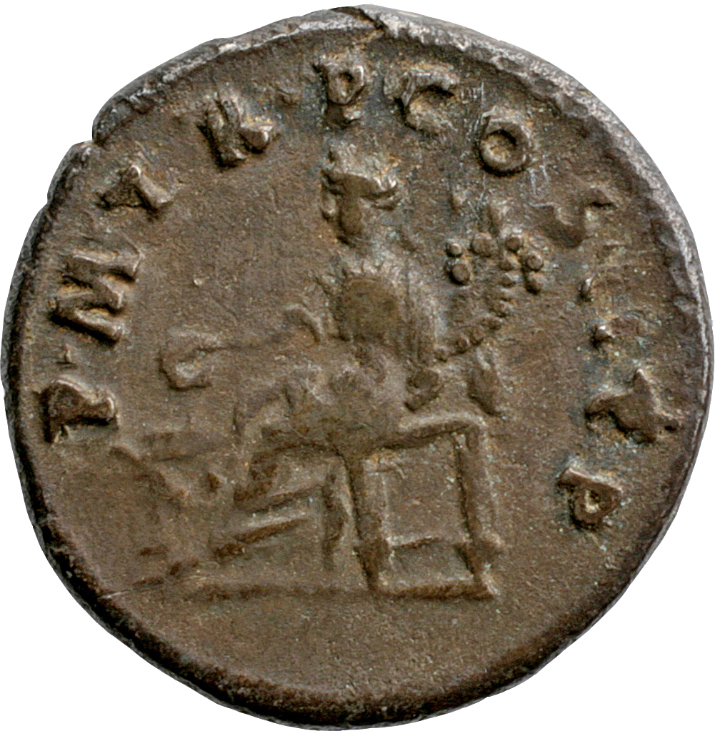 Trajan reverse — Concordia, draped, seated left, sacrificing out of patera over garlanded and lighted altar with right hand and holding double cornucopiae in left