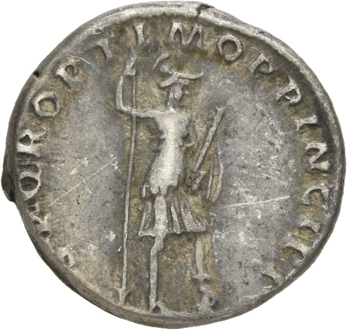 RIC II Trajan 203 Trajan reverse, Virtus, helmeted, in military dress, standing right, left foot set on helmet, holding st...