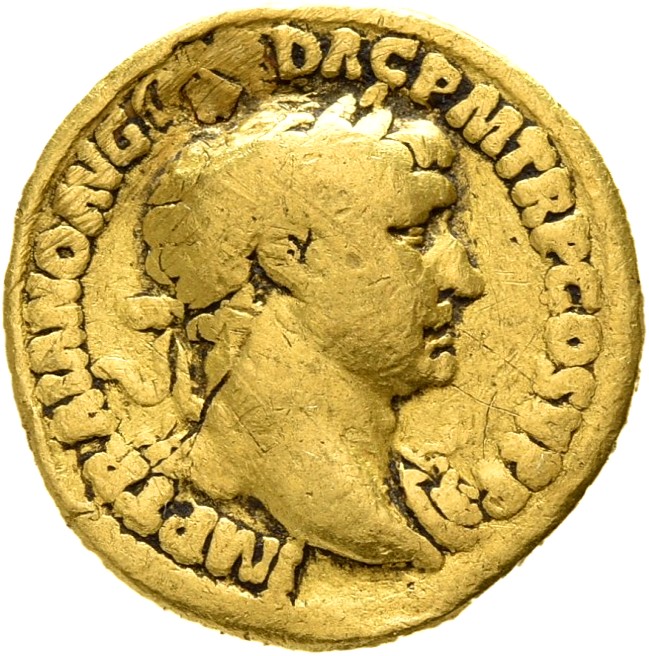 RIC II Trajan 207 Trajan obverse, Bust of Trajan, laureate, draped, right
