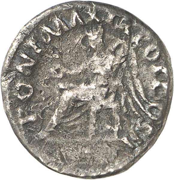 RIC II Trajan 22 (denarius) Trajan reverse, Victory, draped, seated left on seat without back, holding patera in right han...