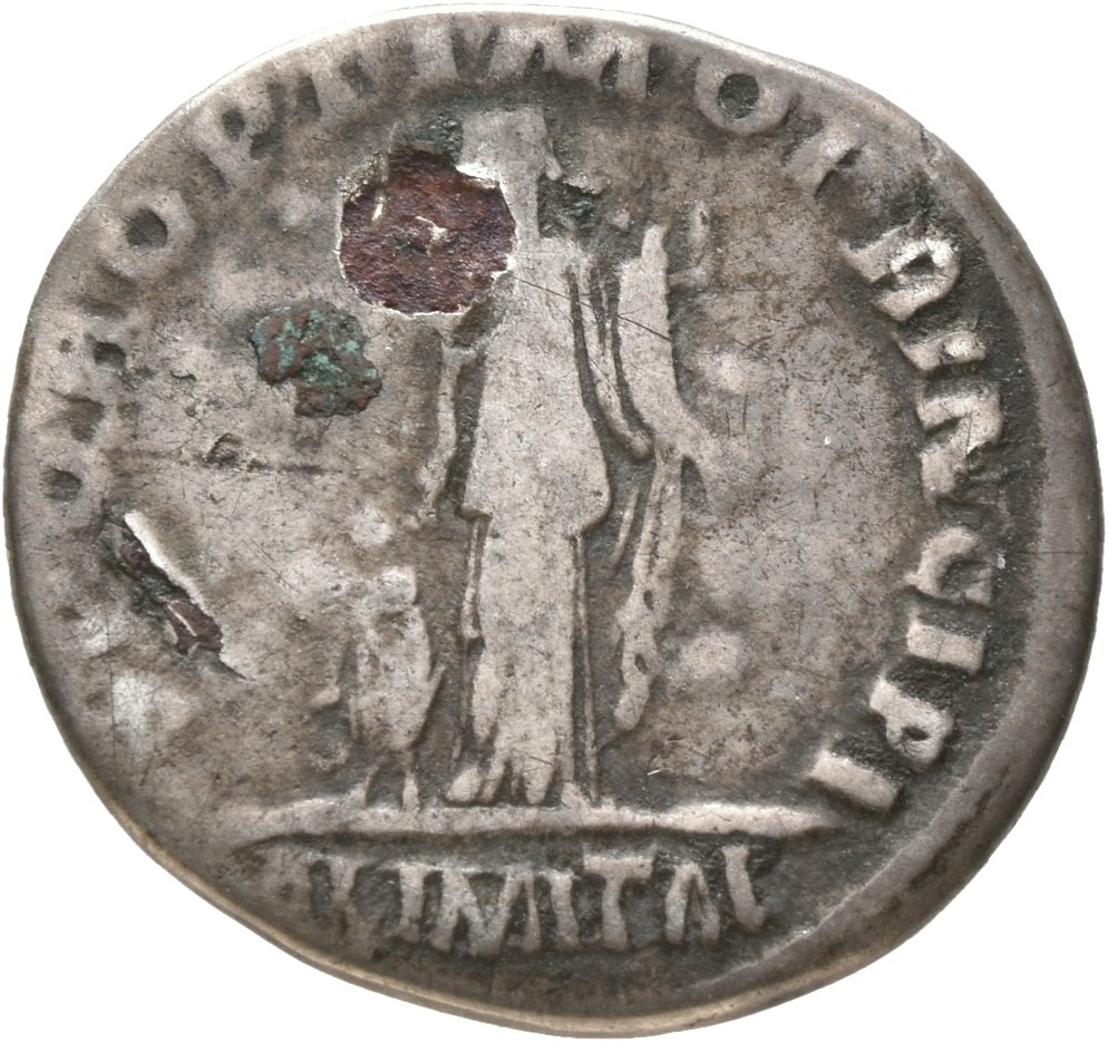 Trajan reverse — Abundantia, draped, standing front, head left, holding corn-ears over child standing at left side in right hand and cornucopiae in left; child standing front, head right and holds roll in left hand