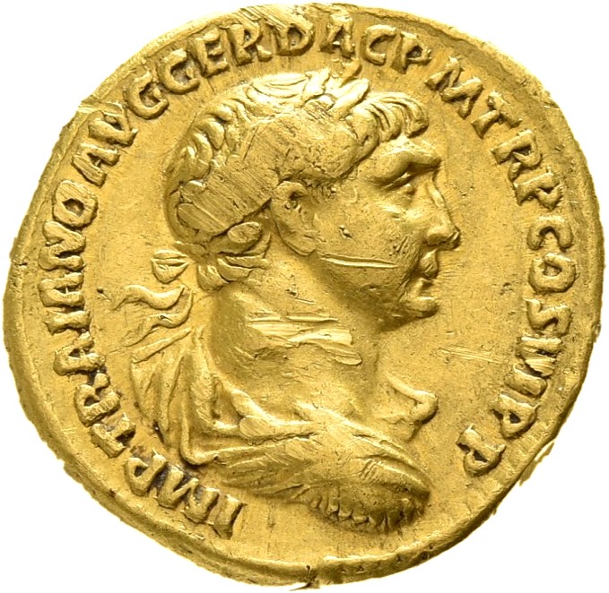 RIC II Trajan 247 Trajan obverse, Bust of Trajan, laureate, draped, cuirassed, right