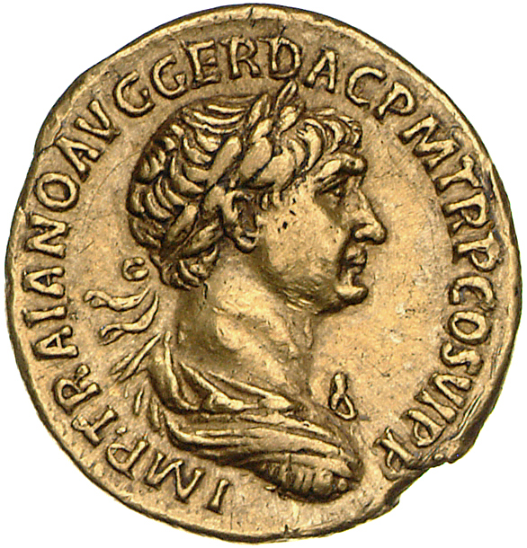 RIC II Trajan 249 (aureus) Trajan obverse, Bust of Trajan, laureate, draped, right