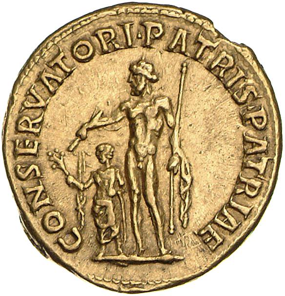 Trajan reverse — Jupiter, naked except for cloak on right and left arms, standing left, holding thunderbolt over Trajan in right hand and straight sceptre in left: Trajan, togate, stands left, holding up branch in right hand