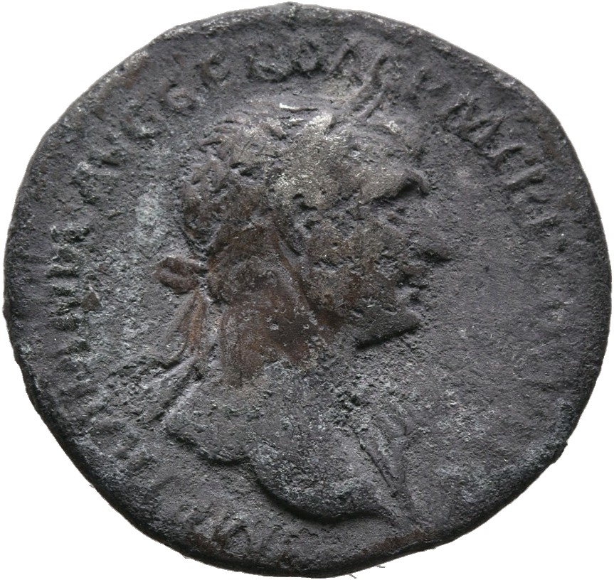 RIC II Trajan 252 Trajan obverse, Bust of Trajan, laureate, draped, right