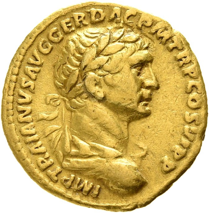 RIC II Trajan 257 Trajan obverse, Bust of Trajan, laureate, draped, cuirassed, right