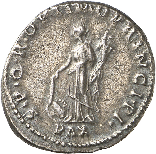 RIC II Trajan 260 Trajan reverse, Pax, draped, standing left, holding torch in right hand setting fire to a pile of arms o...