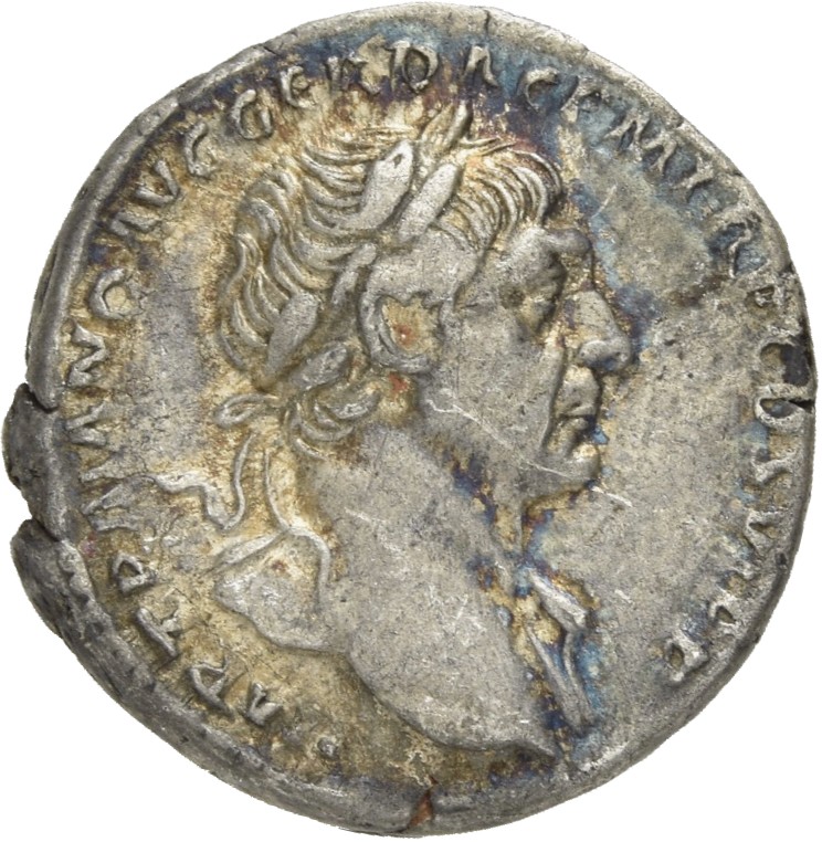 RIC II Trajan 266 (denarius) Trajan obverse, Bust of Trajan, laureate, draped, right (sometimes draped on left shoulder)