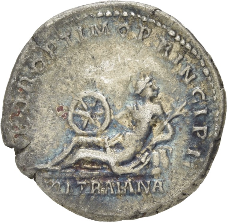 RIC II Trajan 266 (denarius) Trajan reverse, Via Trajana, bare to waist, reclining left, head turned back right, holding w...