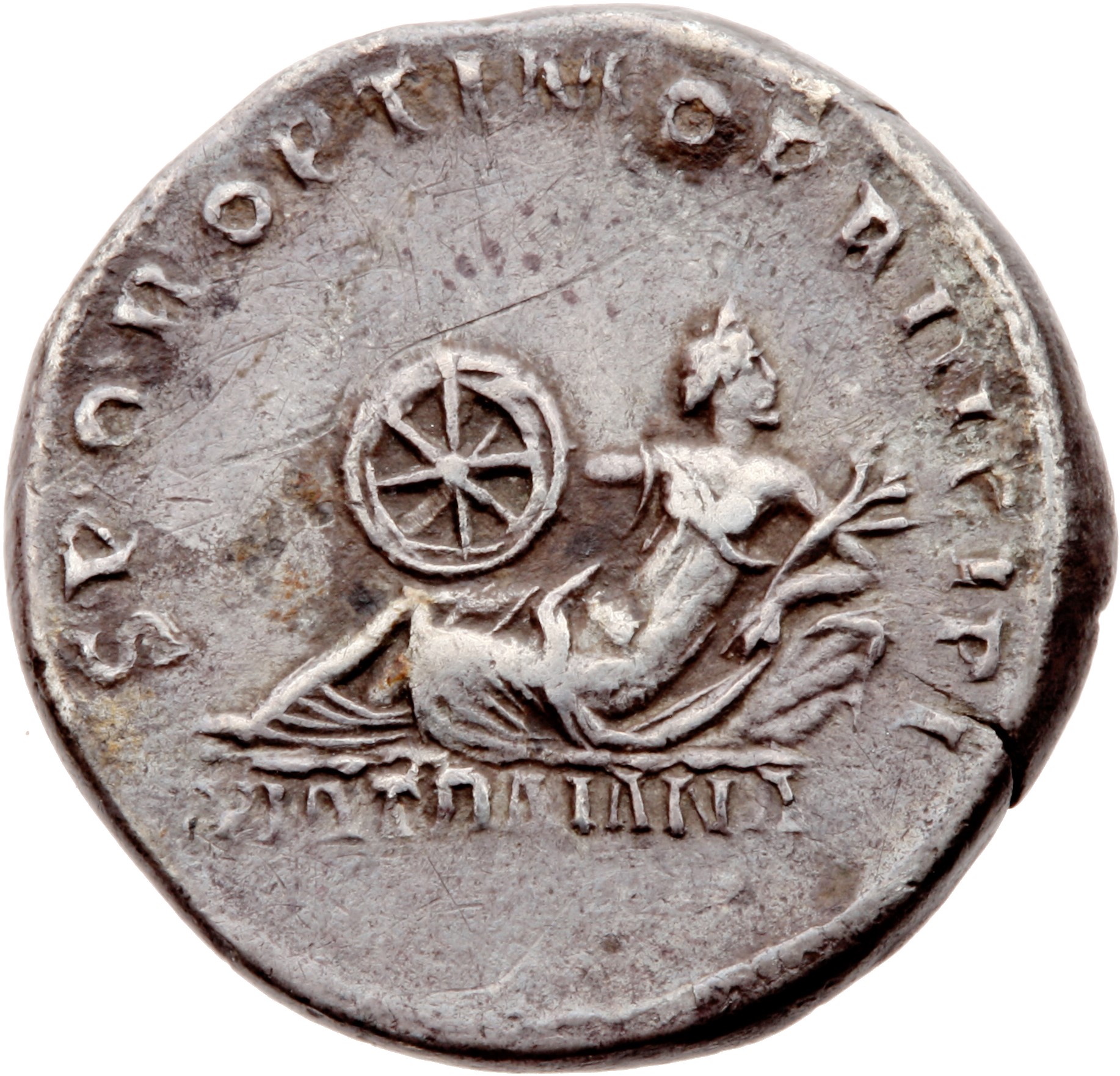 RIC II Trajan 267 Trajan reverse, Via Trajana, bare to waist, reclining left, head turned back right, holding wheel on rig...