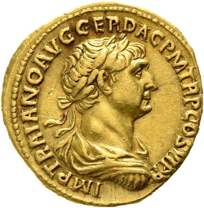 RIC II Trajan 275 (aureus) Trajan obverse, Bust of Trajan, laureate, draped, right