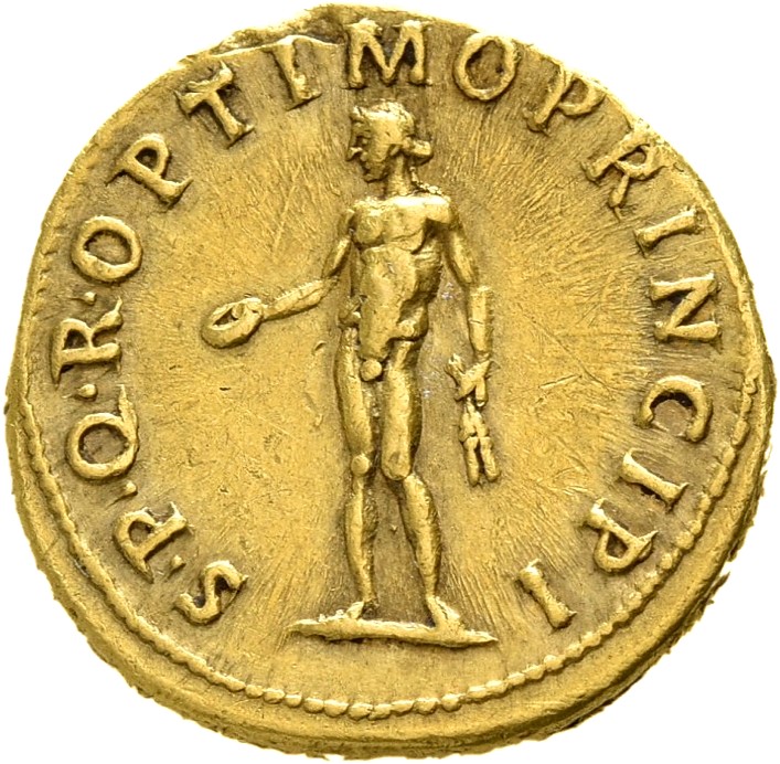 RIC II Trajan 275 (aureus) Trajan reverse, Genius, naked, standing left, holding patera in right hand and corn-ears downwa...