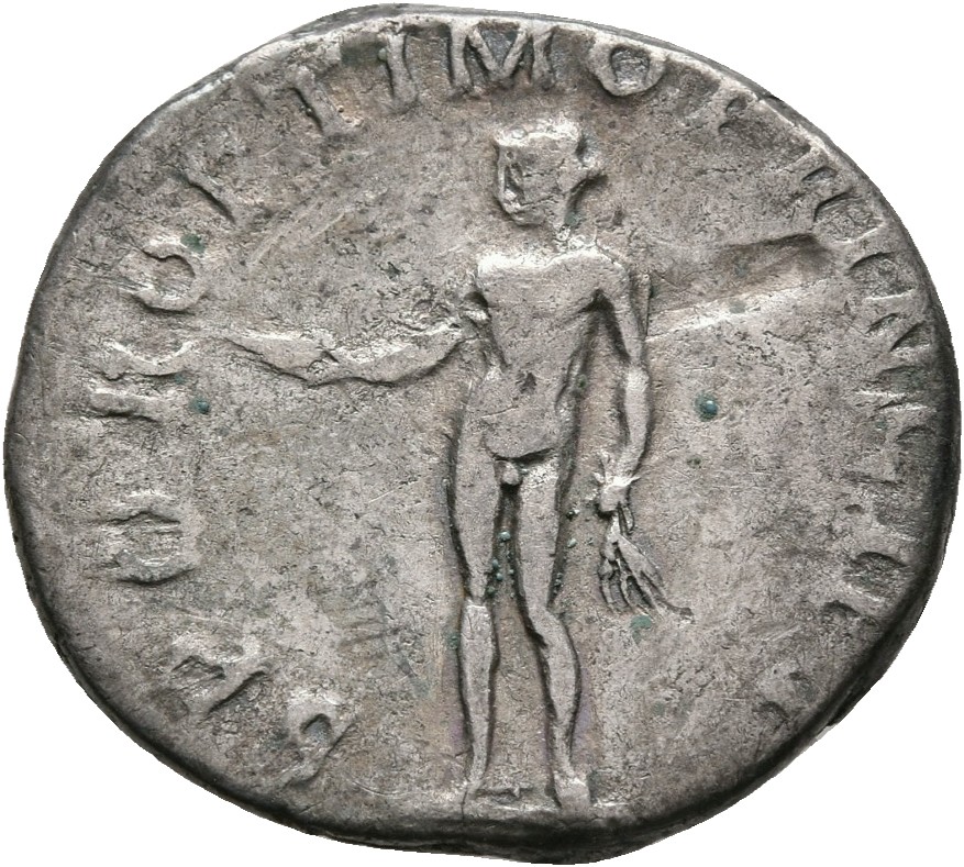 RIC II Trajan 275 (denarius) Trajan reverse, Genius, naked, standing left, holding patera in right hand and corn-ears down...