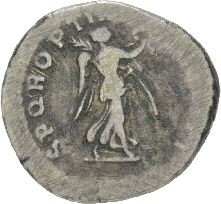 RIC II Trajan 281 (quinarius) Trajan reverse, Victory, draped, advancing right, holding up wreath in right hand and palm o...