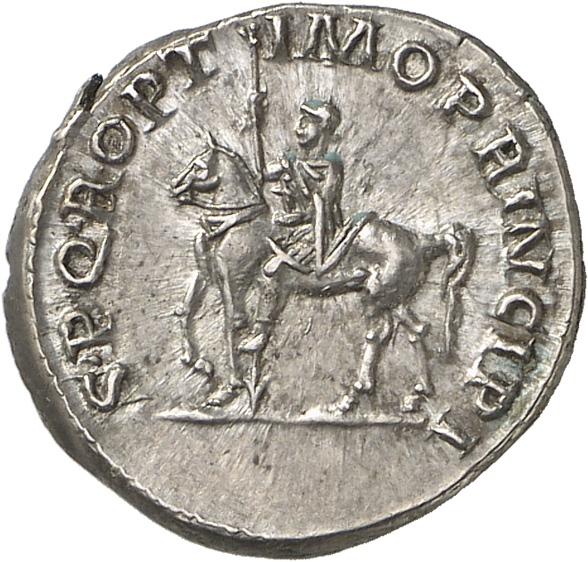 RIC II Trajan 291 (denarius) Trajan reverse, Trajan on horseback left, holding long spear reversed in right hand and sword...