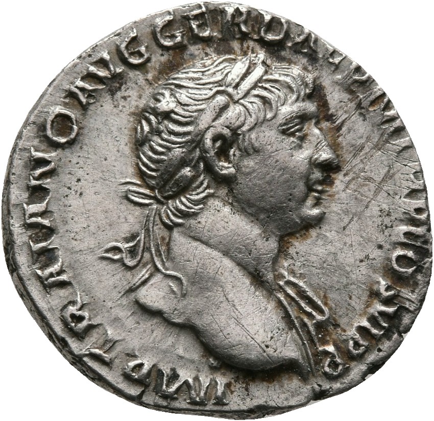 RIC II Trajan 291 (denarius) Trajan obverse, Bust of Trajan, laureate, draped, right