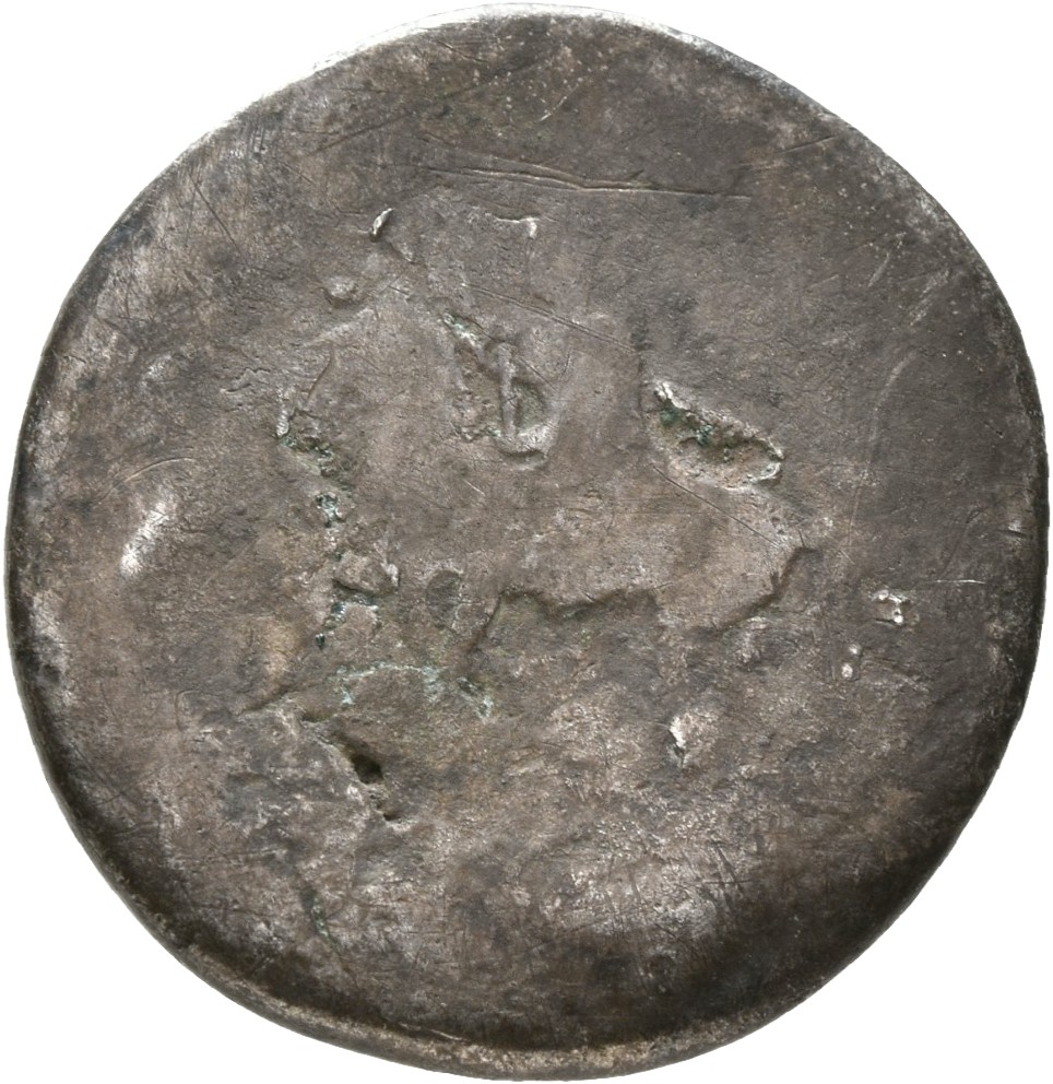 Trajan reverse — Trajan on horseback left, holding long spear reversed in right hand and sword in left