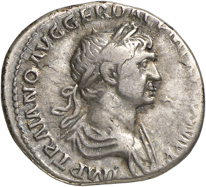 RIC II Trajan 292 (denarius) Trajan obverse, Bust of Trajan, laureate, draped, right