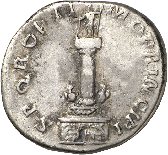 RIC II Trajan 292 (denarius) Trajan reverse, Column of Trajan surmounted with a statue of Trajan; two eagles at base and a...