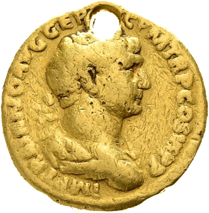 RIC II Trajan 294 (aureus) Trajan obverse, Bust of Trajan, laureate, draped, right