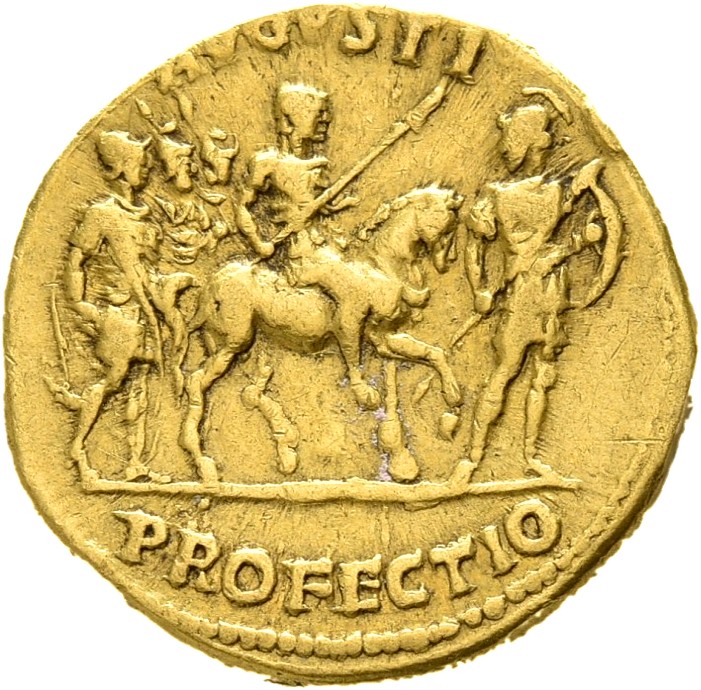 RIC II Trajan 297 Trajan reverse, Trajan on horse prancing right, holding spear; soldier holding spear and shield front; b...