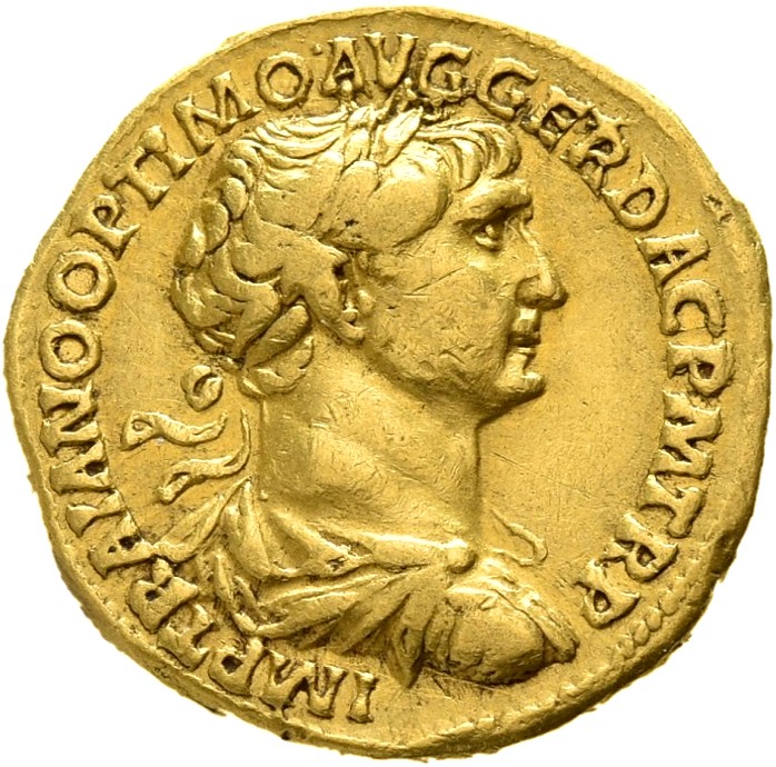 RIC II Trajan 297 Trajan obverse, Bust of Trajan, laureate, draped, right