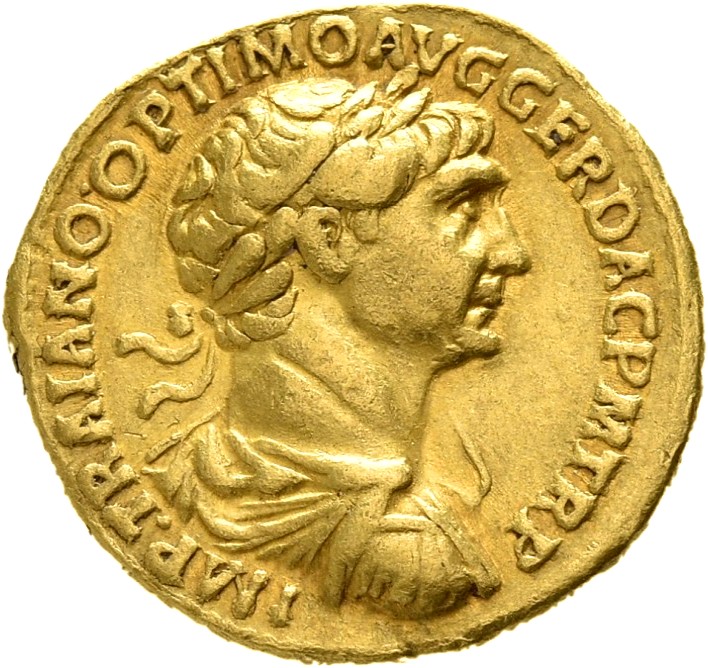 RIC II Trajan 298 (aureus) Trajan obverse, Bust of Trajan, laureate, draped, right