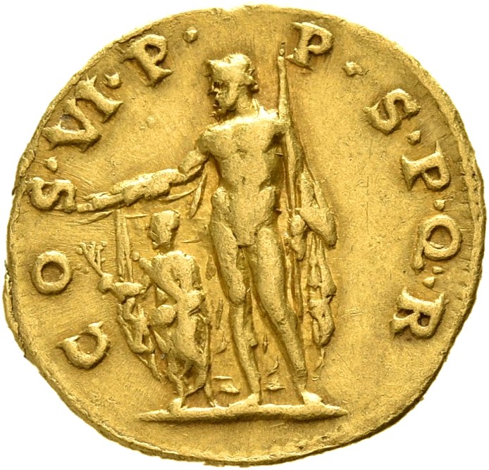 RIC II Trajan 298 (aureus) Trajan reverse, Jupiter, naked except for cloak over right and left arms, holding thunderbolt o...