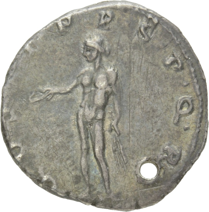 RIC II Trajan 303 (denarius) Trajan reverse, Genius, naked, standing left, holding patera in extended right hand and corn-...