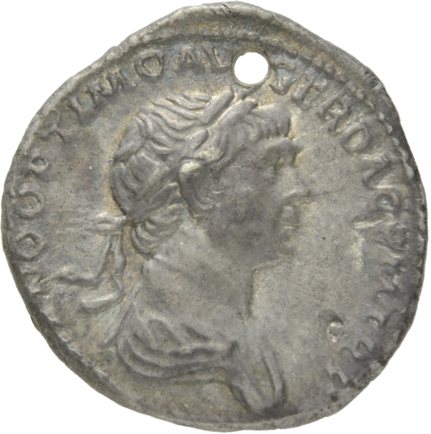 RIC II Trajan 303 (denarius) Trajan obverse, Bust of Trajan, laureate, draped, right