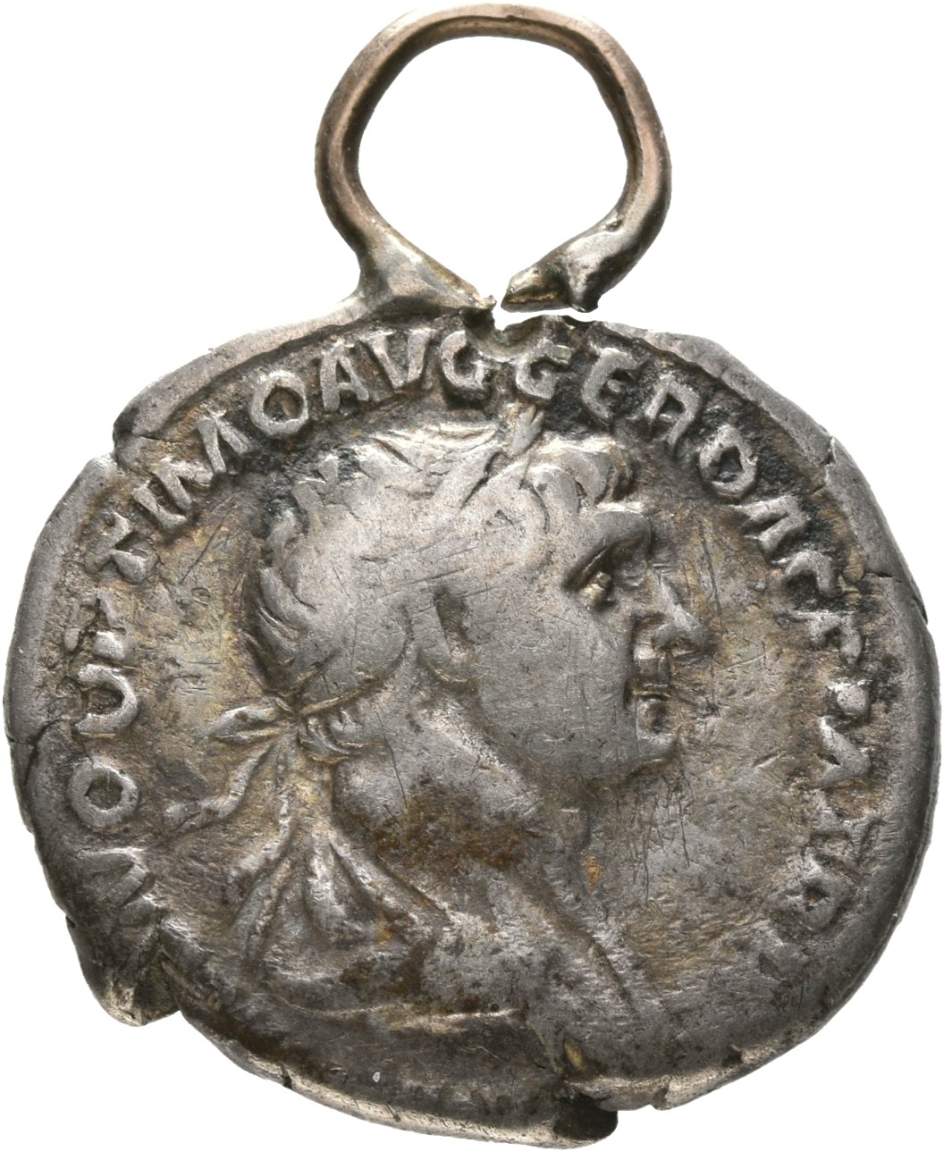 RIC II Trajan 307 Trajan obverse, Bust of Trajan, laureate, draped, right