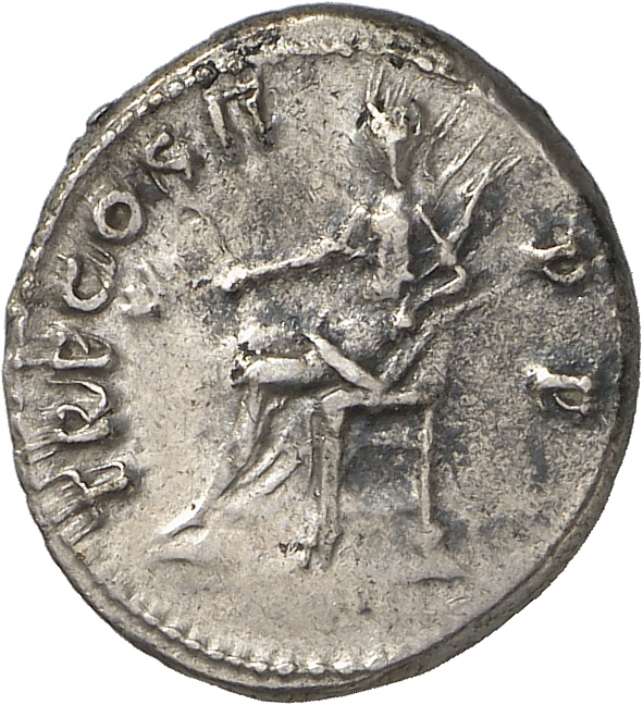 RIC II Trajan 30 (denarius) Trajan reverse, Pax, draped, seated left on throne, holding branch in right hand and sceptre i...